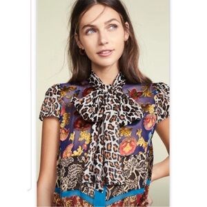 Alice and Olivia Jeannie brocade leopard patchwork dramatic bow blouse XS S